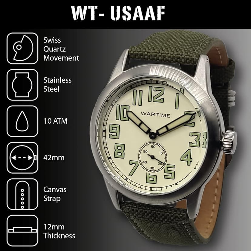 WTI WORLD TIME INTERNATIONAL WARTIME | WW2 Military Watch – Vintage USAAF Watch, Swiss-Quartz Movement with Canvas strap and leather lining, 10 ATM Water Resistant. The Perfect WW2 Memorabilia. Mens Watches for Ever