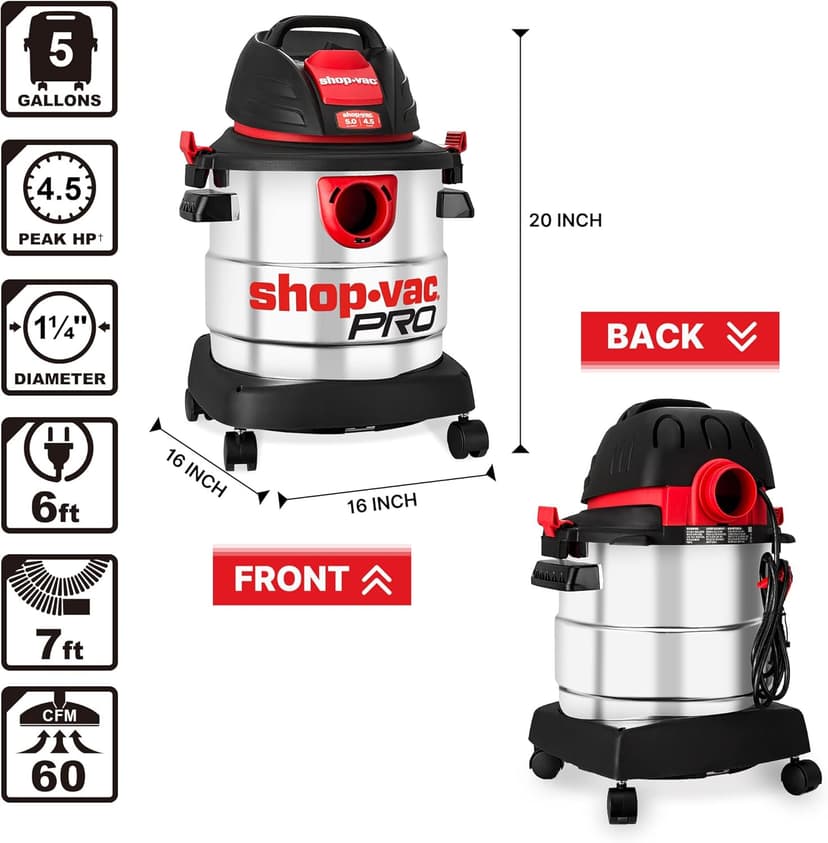 Shop-Vac 5 Gallon 4.5 Peak HP Wet/Dry Vacuum, Stainless Steel Tank, Portable Shop Vacuum with Filter, Hose and Accessories for Garage, Workshop. 5920588