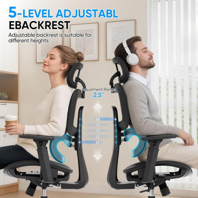 MoNiBloom Ergonomic Office Chair, High Back Mesh Desk Chair with Adjustable Headrest & 3D Armrests, Lumbar Support, 90–145° Recline, Swivel Rolling Computer Chair for Office Conference Room (1)
