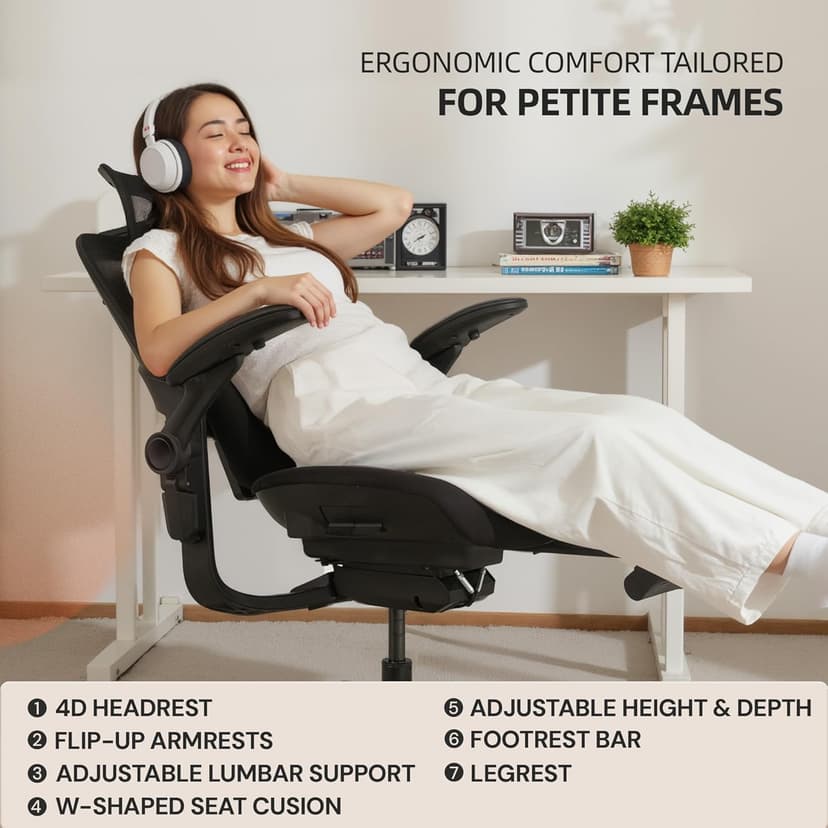 CabLady S2 Petite Office Chair for Women & Small Frames - 330lb Capacity, 4D Adjustable Lumbar/Headrest, Flip-Up Arms & Footrest, Ergonomic Desk Chair