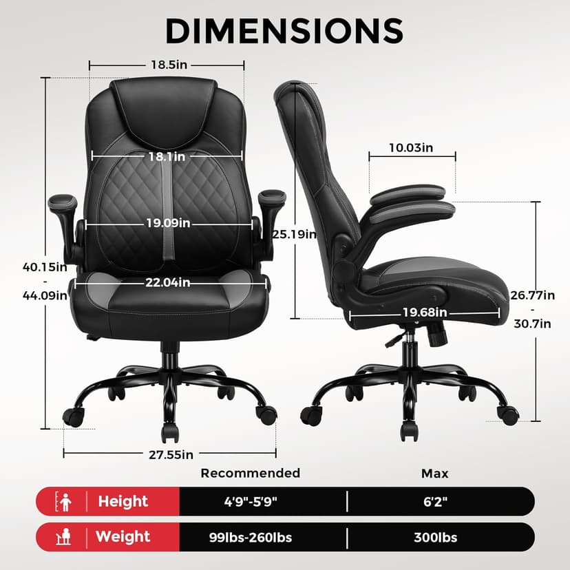 COMHOMA Office Computer Gaming Chair Ergonomic Desk Chair for Adults with Lumbar Support Flip-Up Arms Adjustable Height Swivel Wheels PU Leather Executive Design for Short People Use, Gray