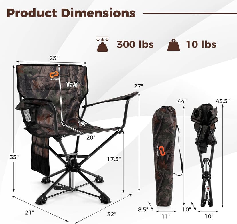 Goplus 360° Swivel Hunting Chair, Folding Hunting Blind Chair for Adults with Cup Holder & Carrying Bag, Lightweight Portable Camping Chairs for Lawn Fishing Picnic Beach Outdoor
