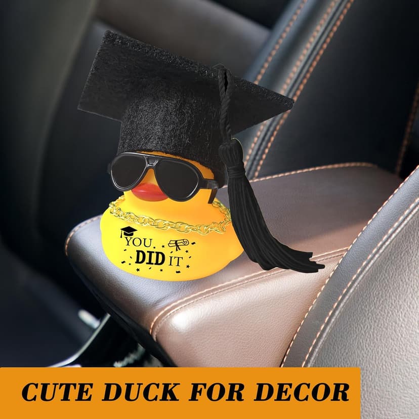 Car Dashboard Decor Graduation Hat Rubber Duck, Car Accessories Ornaments with Mini Graduation Cap, Necklace, Sunglasses for Graduates Students Grad Gift (Black) B0F26CJXTB