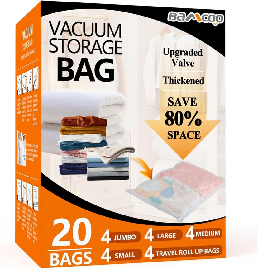Space Saver Vacuum Storage Bags Upgraded 20 Pack(4 Jumbo 4 Large 4 Medium 4 Small 4 Roll Up) Vaccine Sealed Storage Bags, Vacuum Seal Compression Suction Bag for Packing Blankets Comforters