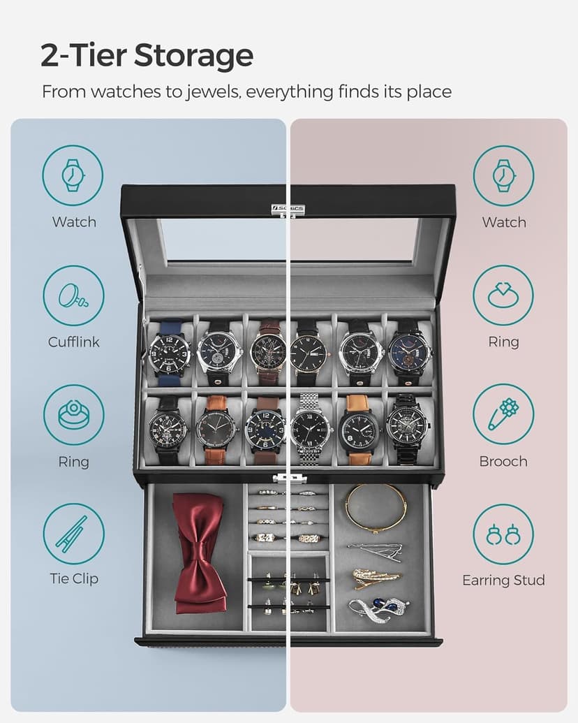 SONGMICS SONGMICS Watch Box, 12-Slot Watch Case Organizer with Large Glass Lid, 2 Layers, Removable Pillows, Metal Lock, Gift for Loved Ones, Black Synthetic Leather, Gray Lining UJWB012