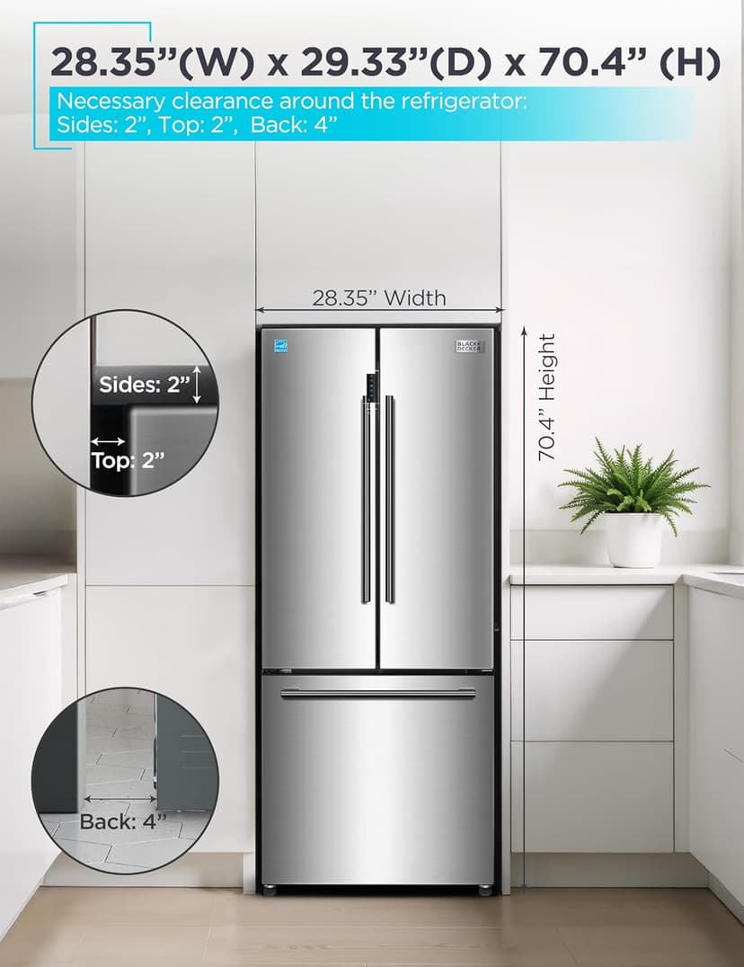 BLACK+DECKER 16 Cu. Ft. French Door Refrigerator with Built-in Ice Maker, Full Size Refrigerator with Bottom Mount Freezer Drawer, Frost Free, ENERGY STAR certified, BRF1600GIMS, Stainless Look