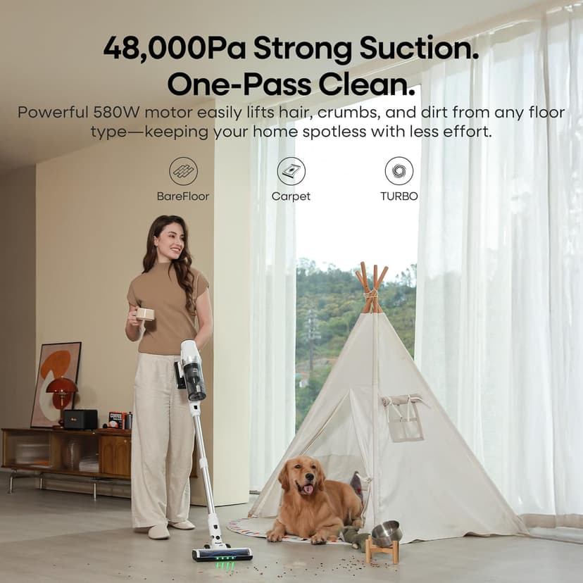 ElecKeys Cordless Vacuum Cleaner, 580W 48KPA 65Mins Vacuum Cleaners for Home, Self-Standing Anti-Tangle Vacuum with LED Display, Rechargeable, Lightweight, Cordless Vacuum for Floors/Pet Hair/Carpets