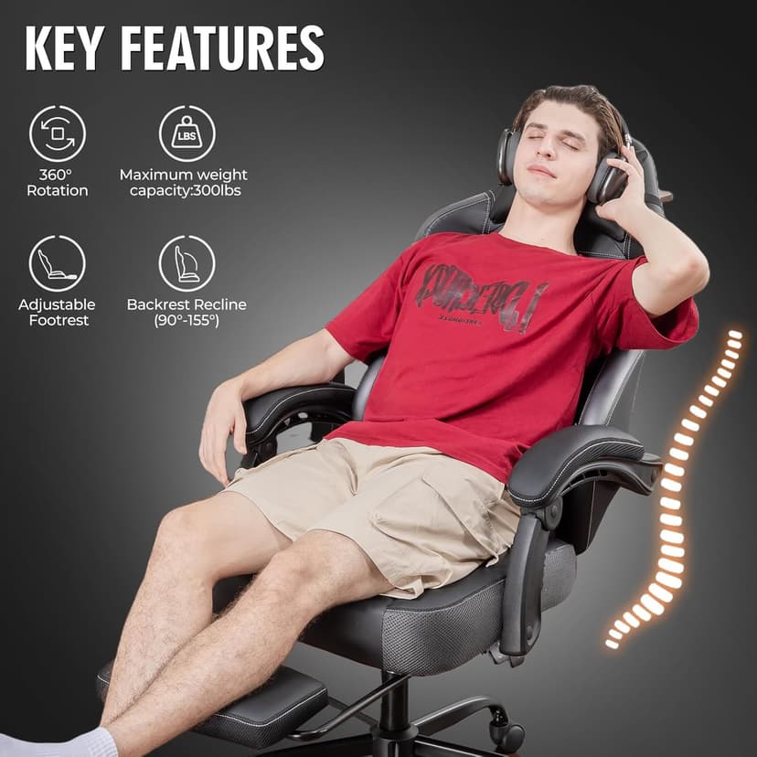 GTPLAYER Gaming Chair, Office Chair High Back Computer Chair with Foot Rest for Adults, Leather Desk Chair Executive Ergonomic Height Adjustable with Headrest and Lumbar Support, 300lbs Grey