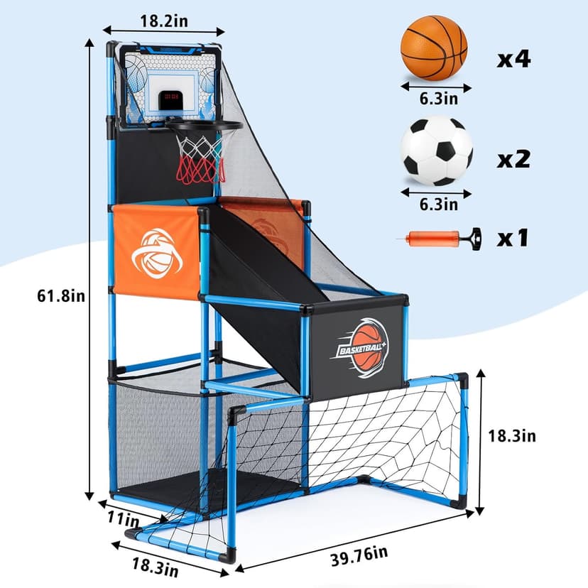 2 in 1 Basketball Arcade Game & Soccer Goal for Kids, Adjustable Kid Basketball Hoop with 6 Balls and Pump, Indoor Outdoor Games for Kid Toys for 3-12 Year Old Kids Birthday Gifts for Boys Girls