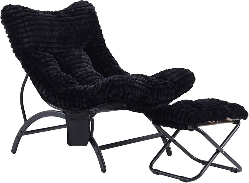 Welnow Black Lazy Chair with Ottoman, Oversized Reading Chair for Adults, Soft Padded Lounge Accent Chair for Living Room, Bedroom, Comfortable Reclining Leisure Chair with Side Pocket