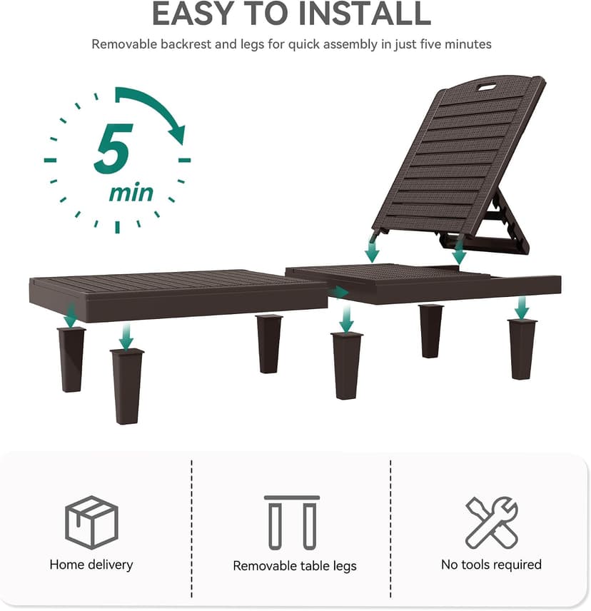 YITAHOME Outdoor Chaise Lounge Chair, Plastic Pool Chaise Lounge with 5-Position Backrest, Easy Assembly & Waterproof for Patio & Poolside, Set of 2, Brown