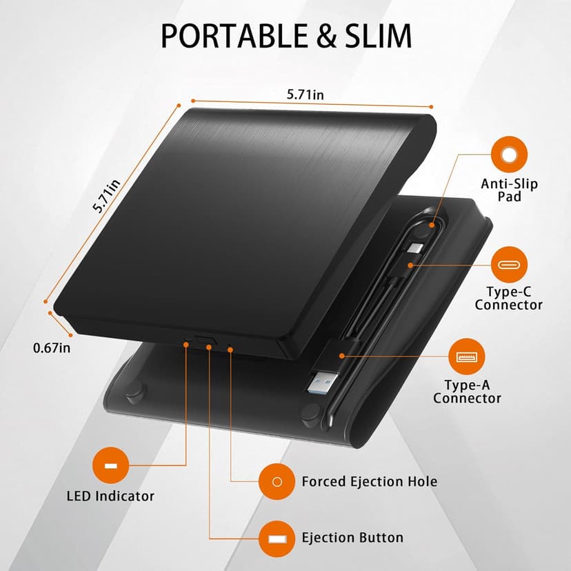 juwuoi External CD/DVD Drive for Laptop PC CD DVD Player USB 3.0 Portable Optical Drive CD Burner Compatible with Windows 10 11 Linux Mac OS (Black)