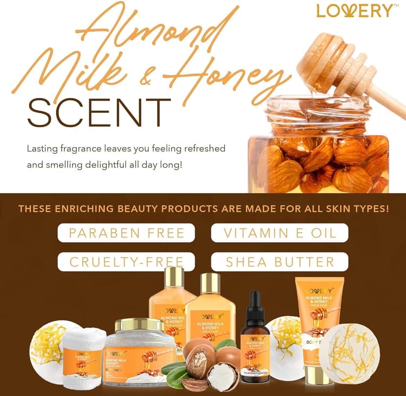 Gifts for Women Gift Basket for Women - 10 Pc Almond Milk & Honey Beauty & Personal Care Set - Home Bath Pampering Package for Relaxing - Spa Self Care Kit - Thank You, Birthday, Mom, Anniversary Gift