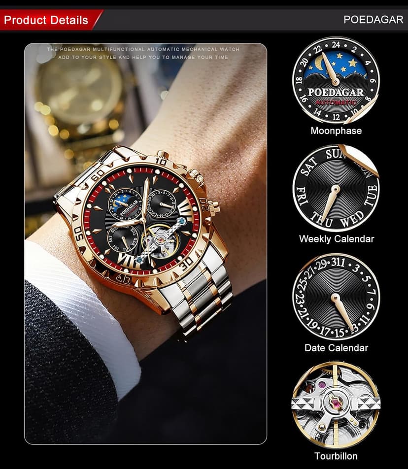 FORSINING Mechanical Men's Watch, Moon Phase Tourbillon Automatic Self-Wind Wristwatch, Luxury Stainless Steel Band 43mm Big Dial Mens Wrist Watch with 3 Sub Dial