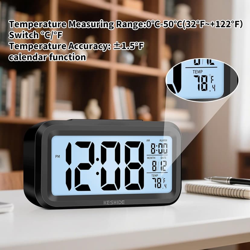 KESHIDE Digital Alarm Clock Battery Operated with Indoor Temperature, Desk Small Clock,Snooze Model,12/24H Display for Bedrooms Heavy Sleepers Kids Travel Bathroom (Black)