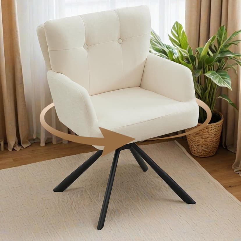 WUTUTUEE Fabric Dining Chair Modern Upholstered Swivel Dining Room Chairs Comfy Accent Armchair with Mid Back, Desk Arm Chair No Wheels for Kitchen/Living Room/Home Office, White