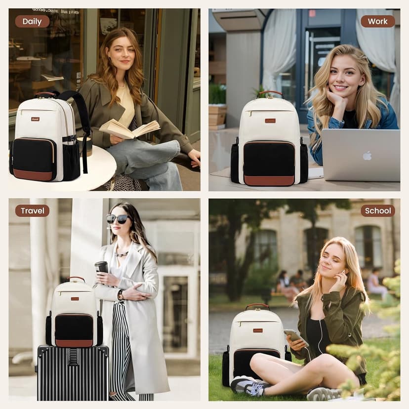 LOVEVOOK Laptop Backpack for Women with Pouch Pocket for Large Capacity Cup,15.6 Inch Laptop Computer Bag Travel Backpack Purse,Waterproof Work Business Backpack College Teacher Bags,Beige-Black-Brown