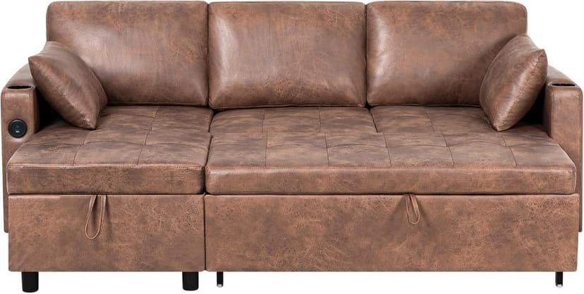 Lesofair 84" L-Shape Pull Out Sofa Bed with Adjustable Backrest, Upholstered Sectional Sleeper Sofa with Storage Chaise, Suede Leather Reversible Couch Bed with USB Port for Living Room, House, Brown