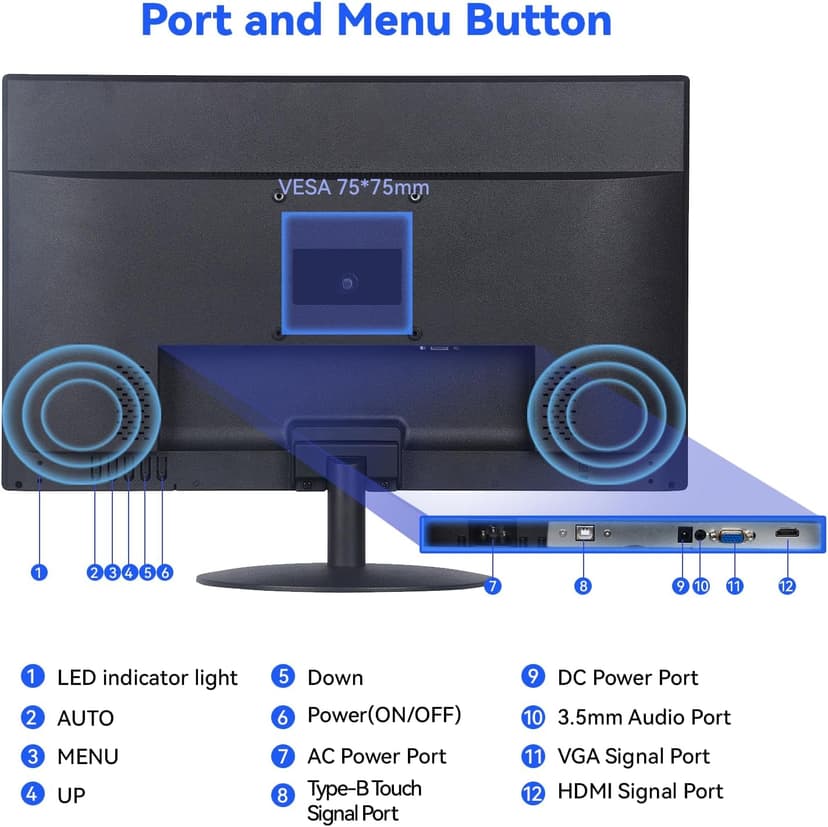 Touchscreen Monitor 21.5" FHD 1080P Multi-Touch Screen HDMI VGA Type-B Dual Speakers,75Hz,VESA,Brightness 300cd/m²,Tilt Adjust,PC Office Laptop Business Computer Desktop Touch Display