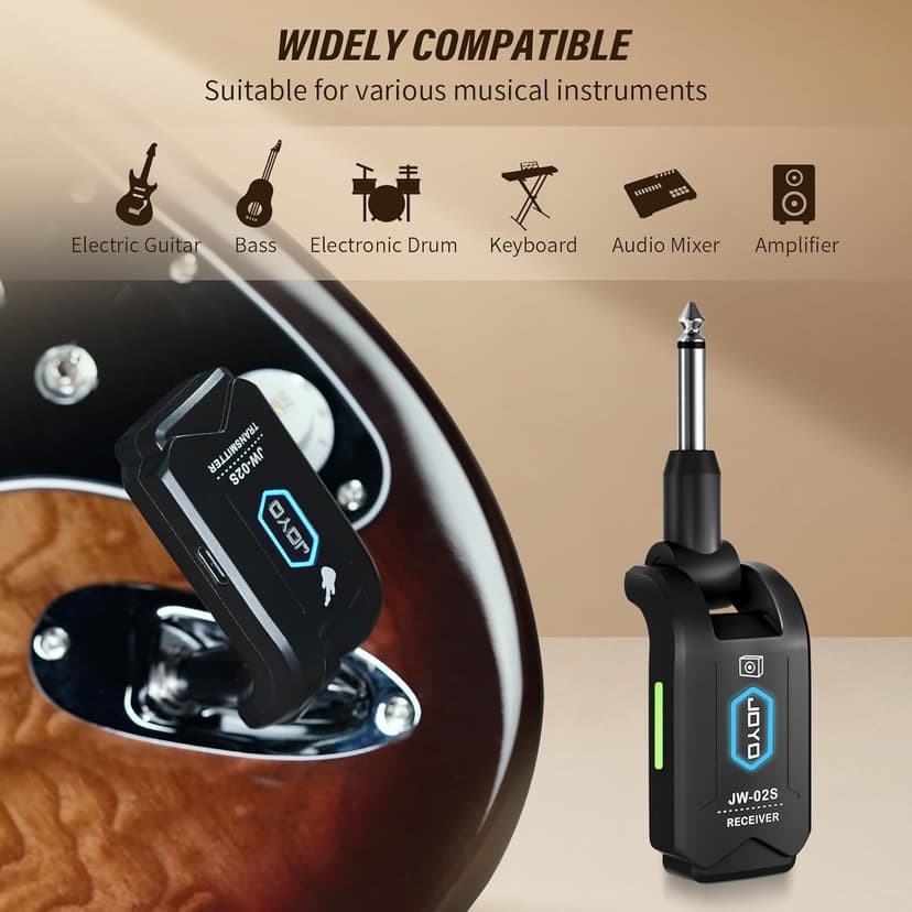 JOYO 5.8GHz Wireless Guitar System Wireless Guitar Transmitter Receiver Rechargeable Audio with 4 Signal Channels for Electric Guitar Bass 20M (JW-02S)