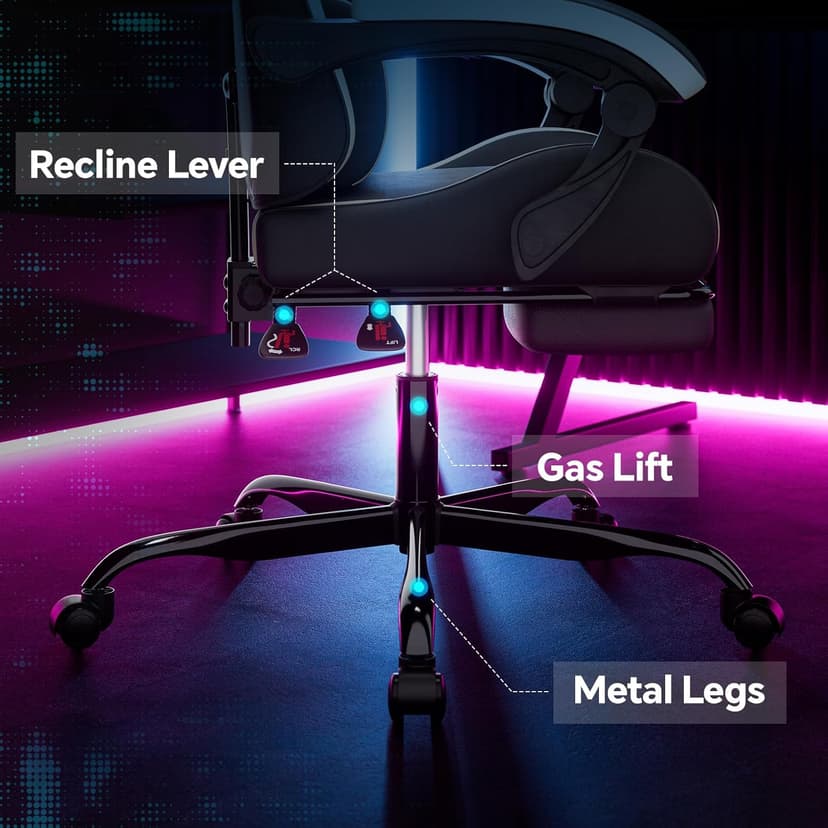 Gaming Chair, Ergonomic Computer Chair with Footrest and Lumbar Support, Height Adjustable Game Chair with 360°-Swivel Seat and Headrest and for Office or Gaming Blackwhite