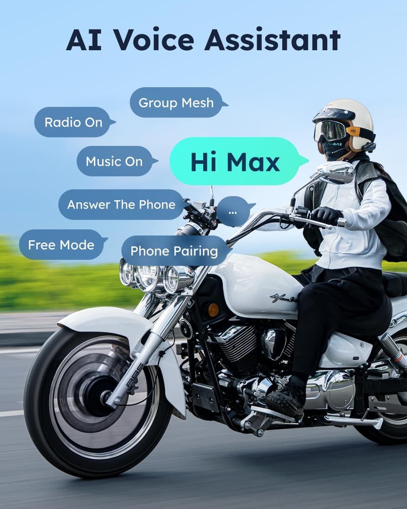 ASMAX S1 Motorcycle Bluetooth Headset with Smart Voice Control, Mesh Helmet Communication Systems, Noise Cancellation/Waterproof/FM Radio/FOTA Update, 8 Riders Intercom Fit for Snowmobile/Ski, 1 Pack