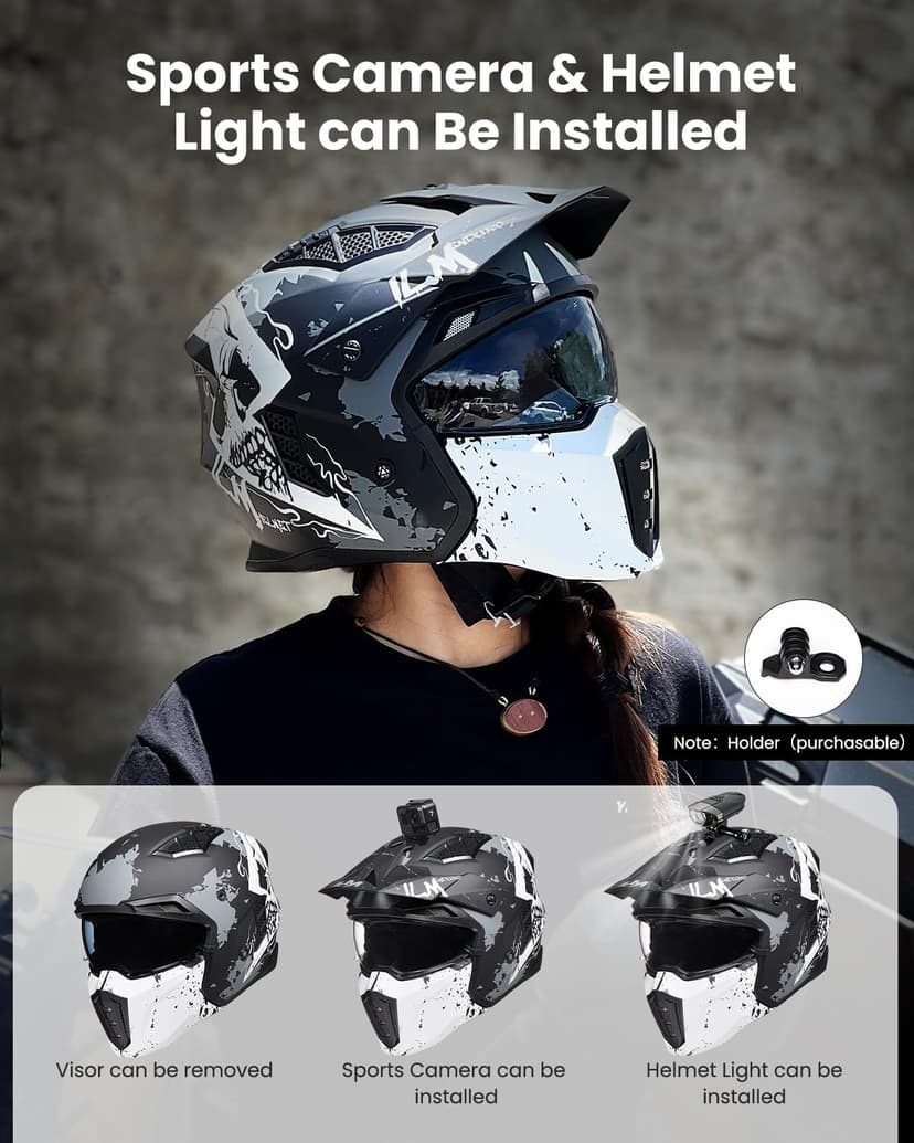 ILM Open Face Motorcycle 3/4 Half Helmet for Men and Women, Vintage Retro Helmet with Visor for Moped ATV Cruiser Scooter DOT Model Z302(Matte Skull,XX-Large)