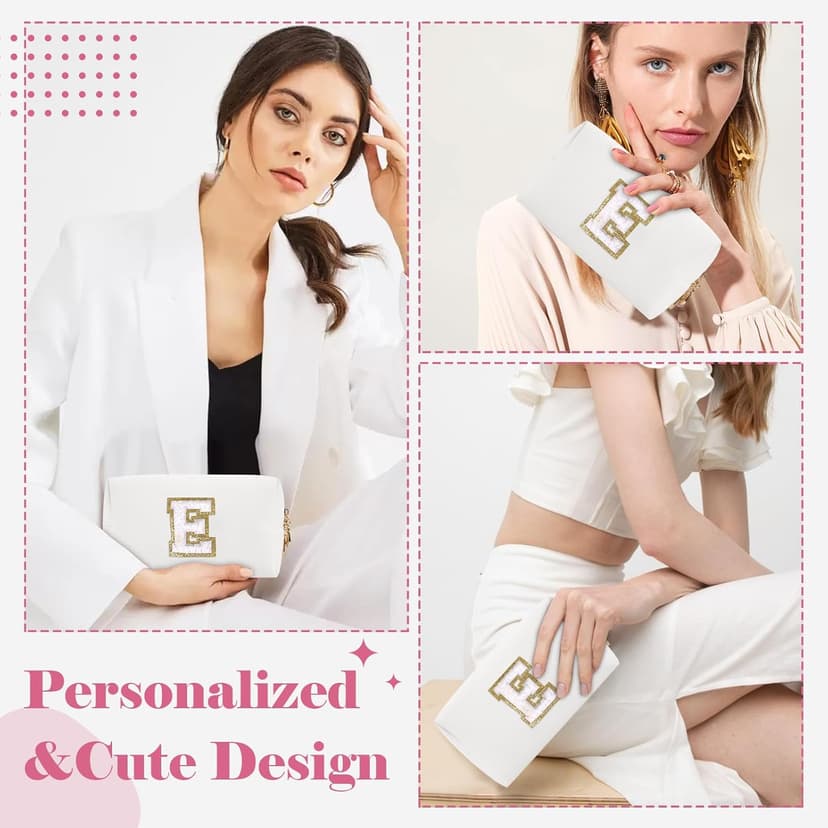 Small Personalized Initial A-Z Preppy Patch Makeup Bag,White PU Chenille Letter Travel Cosmetic Pouch with Zipper,Cute Toiletry Bag,Gift Ideal for Teen Girls Women Teacher Bridesmaid,Letter E