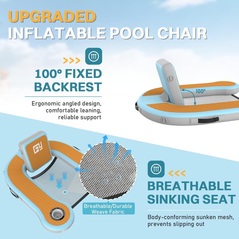 Adults Inflatable Pool Float Chair, Floating Lounger with Cup Holder, 100° Fixed Backrest, Breathable & Sinking Mesh Seat, Inflatable Lounger Float for Swimming Pool/Beach/Lake/Party