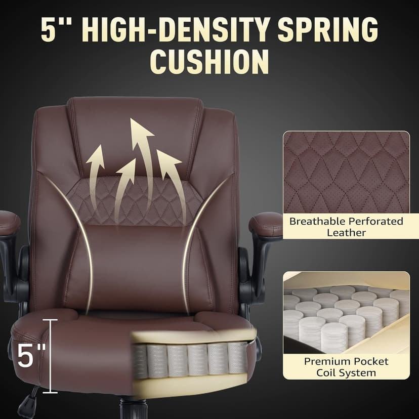 Home Office Chair with Lumbar Support, 5" Thickened Seat, Small PU Leather Rocking Desk Chair, Comfy Computer Chairs with Rolling Wheels & Adjustable Armrests for Adults, Brown