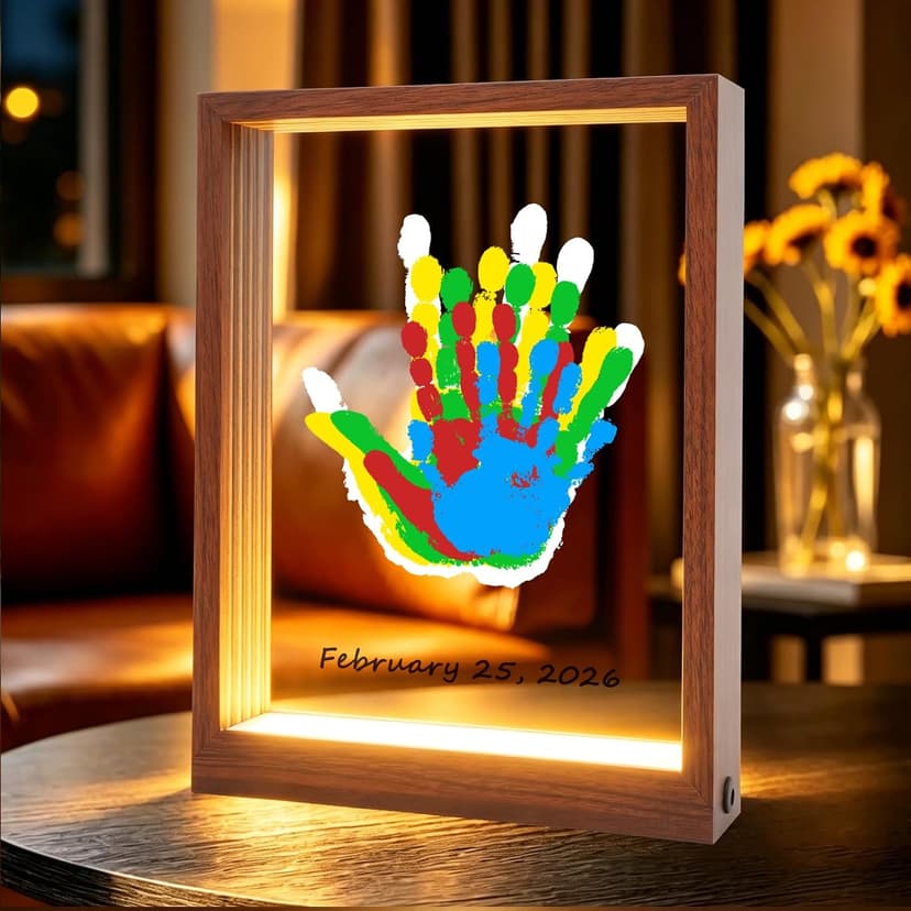 Bixinyo Family Handprint Kit with Light, Baby Hand and Footprint Keepsake Wooden Frame, Family Gifts for Mom, New Parents, Mother's Day, Adoption Gifts, 5 Non-Toxic Paints (Light, Maroon) B0GQGTNBSD