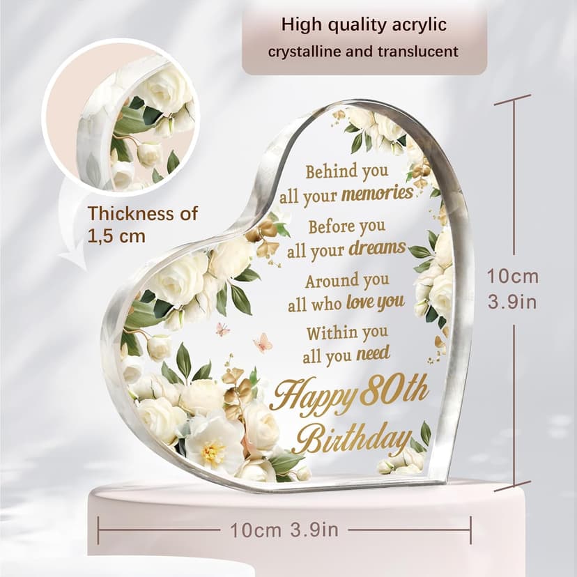AceThrills 80th Birthday Gifts and Decorations for Women - Acrylic Paperweight 3.9 x 3.9 x 0.51 Inches - Happy Birthday Decor Party Favors