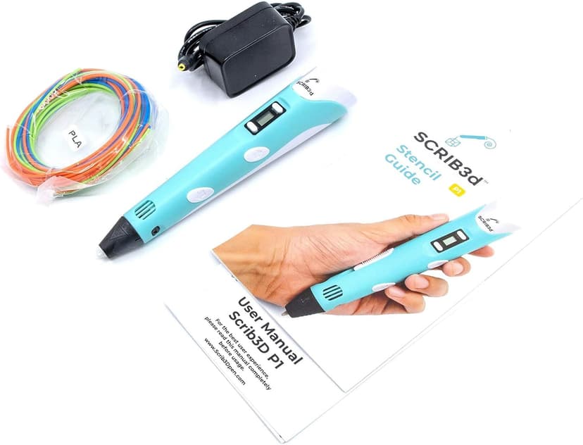 SCRIB3D P1 3D Printing Pen with Display - Includes 3D Pen, 3 Starter Colors of PLA Filament, Stencil Book + Project Guide, and Power adapter