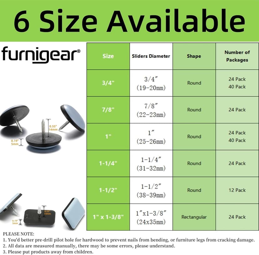 1" Nail on Furniture Sliders (24 Pack) - Furnigear Heavy Duty PTFE (Teflon) Chair Sliders Glides Wooden Furniture Movers Move Your Furniture Easily & Safety - Best Chair Leg Floor Protectors