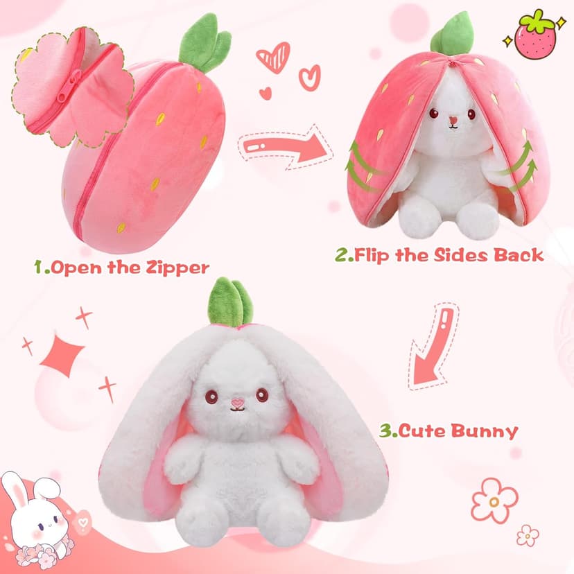 MIAODAM Bunny Stuffed Animal Reversible Cuddle Bunny Stuffed,Strawberry Bunny Transformed Rabbit Plush Zipper,Turns Into Ears Bunnies Plushies Toy Cute Stuffy Doll Easter