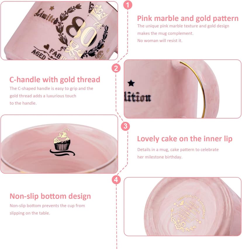 Biching 80th Birthday Gifts for Women, 14oz Pink Coffee Mug with Gold Pattern, Best Gifts for 80 Year Old Grandma, Mom, Sister, Friend, Fabulous 80 Limited Edition, 1943 Birthday Gifts for Women.