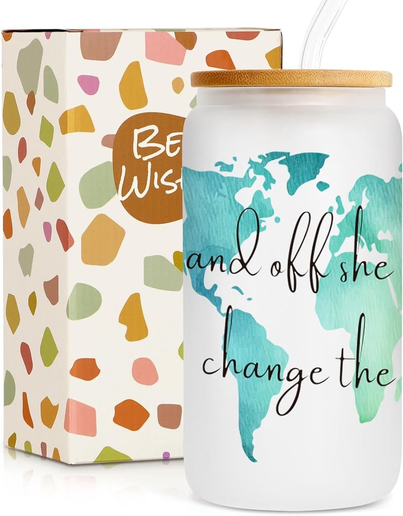 Frerdui Graduation Gift for Her – And Off She Went to Change the World 16oz Glass Cup, Cute Grad Gift for College High School Graduate, Grad Gift for Daughter Niece Granddaughter Friend B0GTY7QRB9