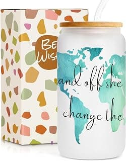 Frerdui Graduation Gift for Her – And Off She Went to Change the World 16oz Glass Cup, Cute Grad Gift for College High School Graduate, Grad Gift for Daughter Niece Granddaughter Friend B0GTY7QRB9