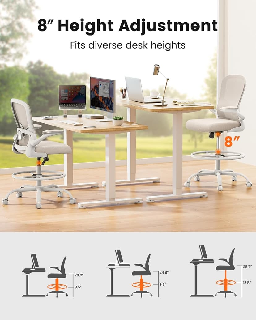 ErGear Drafting Chair,Tall Office Chair with Flip-Up Armrests, High Desk Chair Adjustable Height and Adjustable Footrest Ring, Ergonomic Standing Desk Chair with Lumbar Support, Khaki