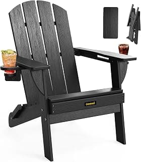 Folding Adirondack Chair, Wooden Textured Plastic Adirondack Chairs with 2 Cup Holder, Weather Resistant HDPE Fire Pit Chair, Outdoor Patio Chairs for Garden, Backyard, Lawn, Deck, 380LBS, Black