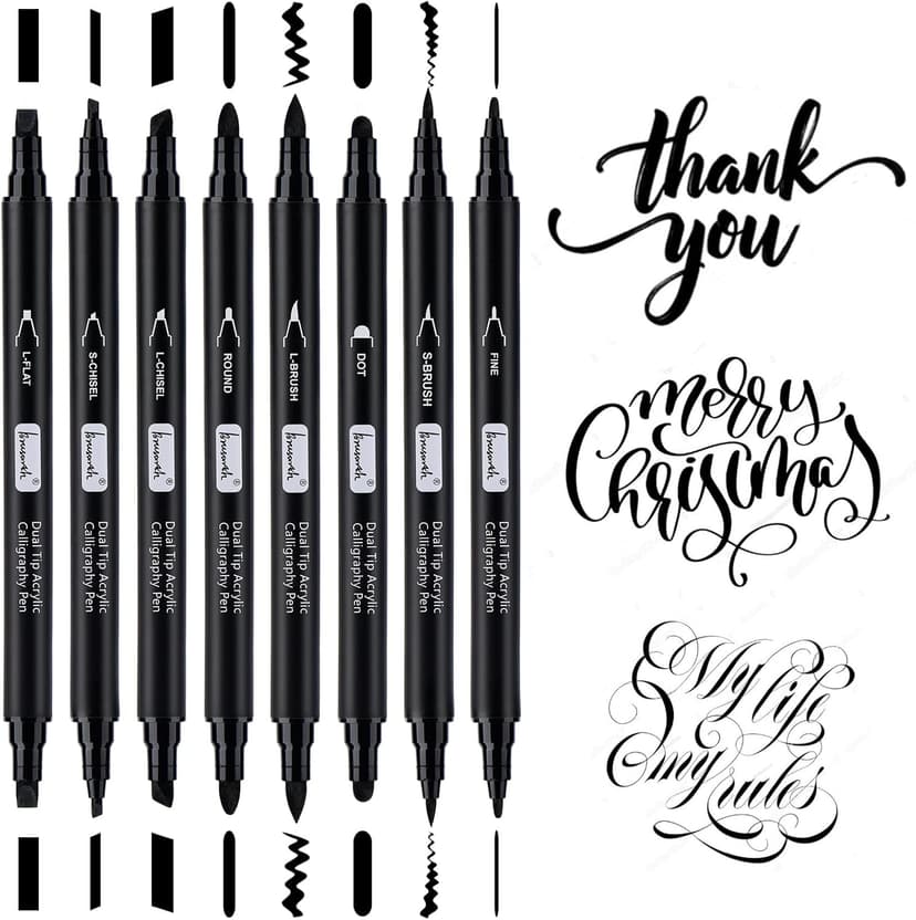 Brusarth Calligraphy Pens, 8 Size Dual Tip Black Acrylic Calligraphy markers for Writing, Brush Pens Calligraphy Set for Beginners, Hand Lettering Pen for Art Drawing, Sketching, Scrapbooking