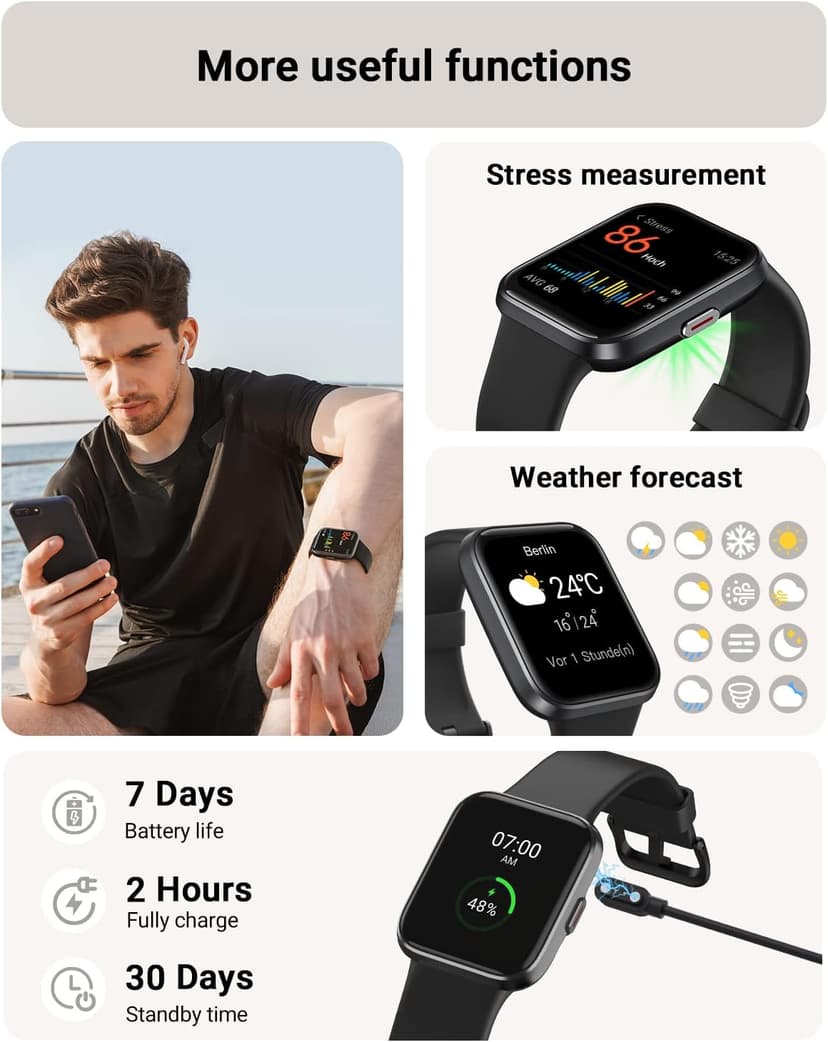 Tensky Smart Watch for Men/Women Android & iPhone, Alexa Built-in, 1.8" Touch Screen Fitness Tracker with Answer/Make Calls, 3ATM Waterproof Heart Rate/Sleep/SpO2 Monitor, Pedometer, 100+ Sport Modes