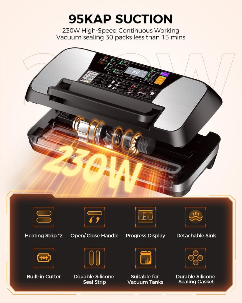 95KPA Commercial Vacuum Sealer Machine, Fully Automatic Food Sealer with Built-in Cutter for Sous Vide, Meal Prep - Includes 10 Pre-Cut Bags, Bag Rolls, Hose & Starter Kit Black Silver