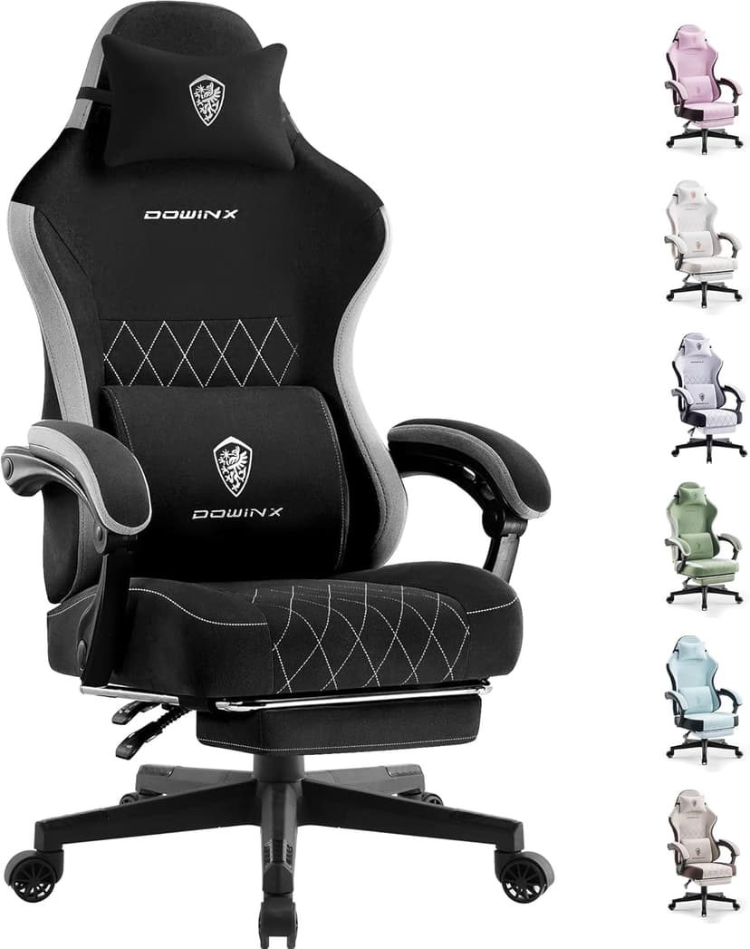 Dowinx Fabric Gaming Chair, Ergonomic Computer Chair with Footrest and Pocket Spring Cushion, Height Adjustable Video Gamer Chair with Lumbar Support for Adults, Black