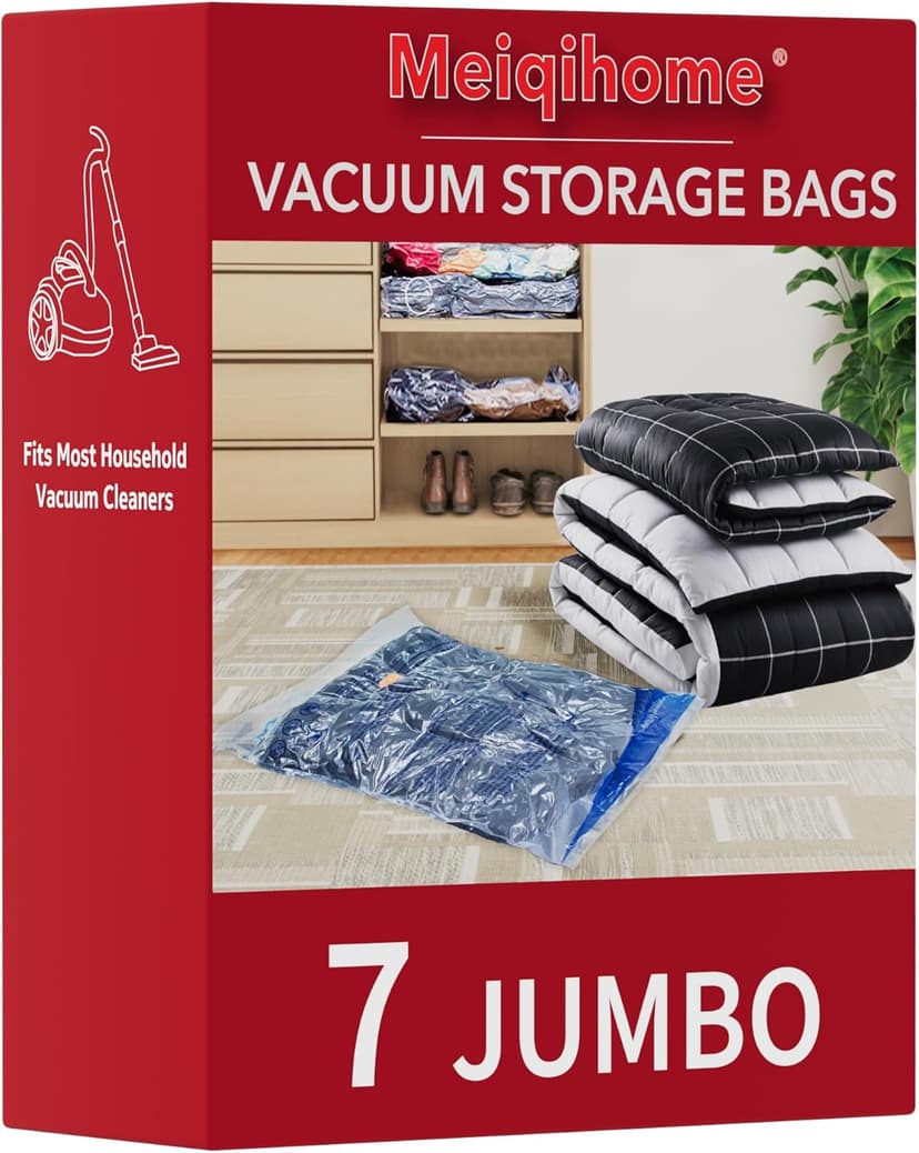 Vacuum Storage Bags 7 Jumbo, Space Saver Sealer Bags,Plastic Packaging Bags,Compression Bags for Clothes, Pillows, Comforters, Blankets, Bedding,No pump included