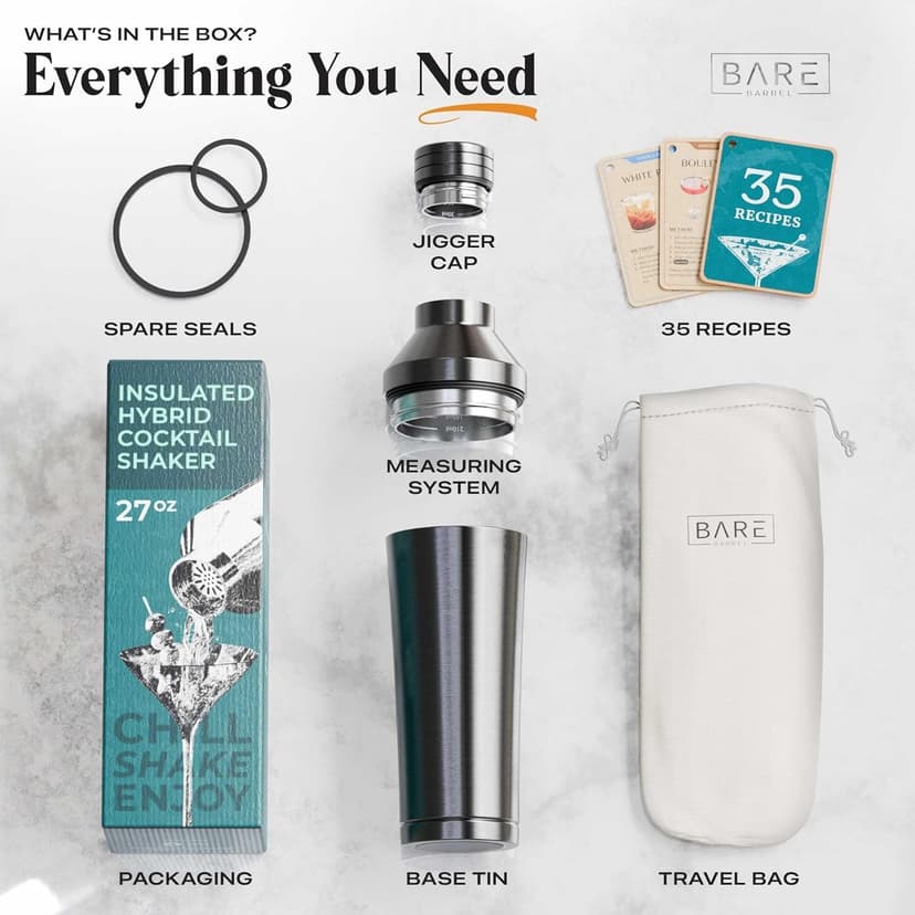BARE BARREL 27oz Martini Shaker | Built-in Drink Measure System & Strainer, TravelBag, Recipes | Home Bar Bartending Gift Set Insulated Cocktail Shaker | Vacuum Double Wall Stainless Steel (Slate Gray) B0GJG62Q5S