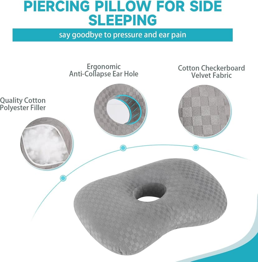 Ear Piercing Pillow with an Ear Hole, Cotton and Polyester Side Sleeping Pillow for CNH and Ear Pain Ear Inflammation Pressure Sores for Side Sleepers, Ear Guard Pillow (Light Grey)