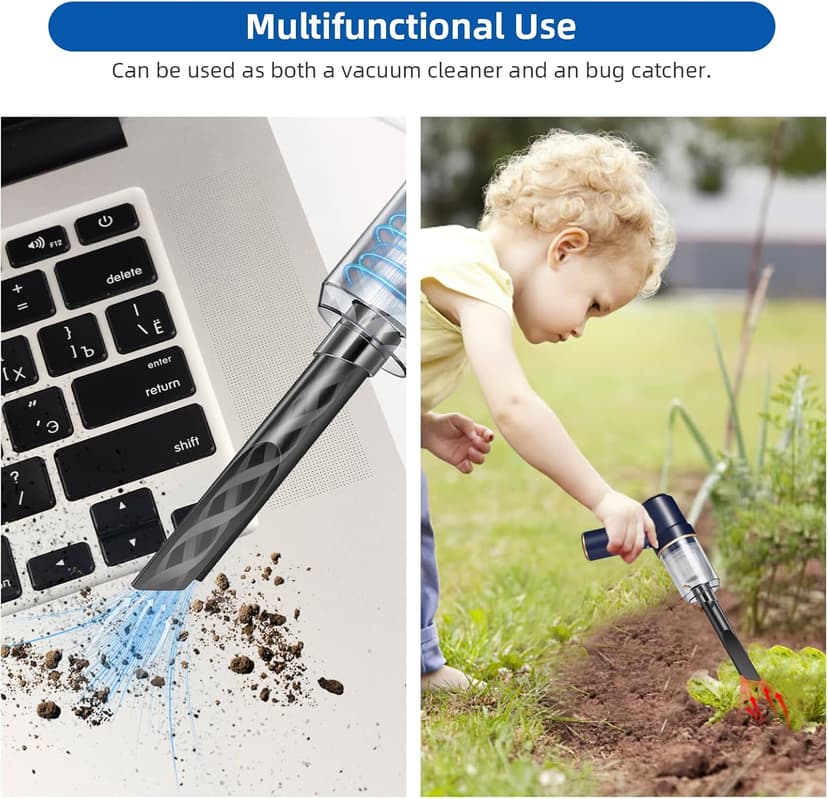 Bug Vacuum with Long Nozzle: 5 in 1 Handheld Cordless Car Vacuum Cleaner for Adults Car Home Office Garden, Rechargeable Strong Suction Insect Catcher for Spider Moth,Stink Bug (Blue)