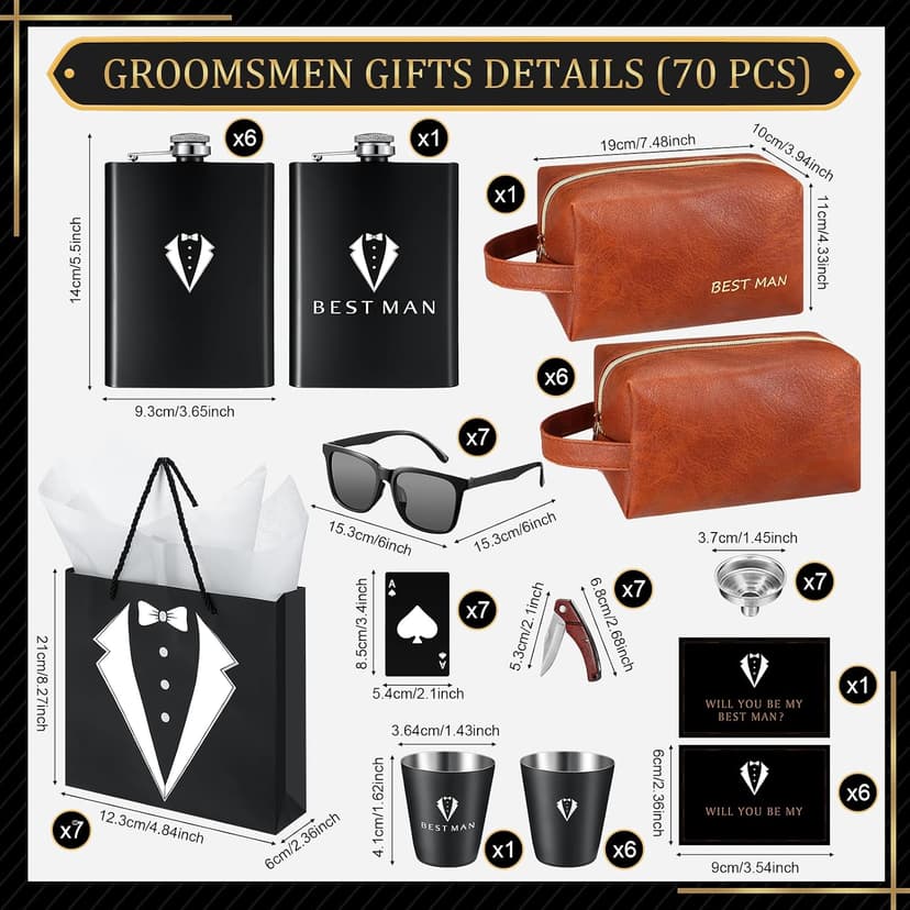 Complete Groomsmen Proposal Gift Set for Wedding with Flasks Shot Glasses Toiletry Bags Sunglasses Gift Cards and Bags Rigibright 70 Pcs Groomsmen Gifts Set of 7 for Wedding Best Man Gift B0DNW32F5Z