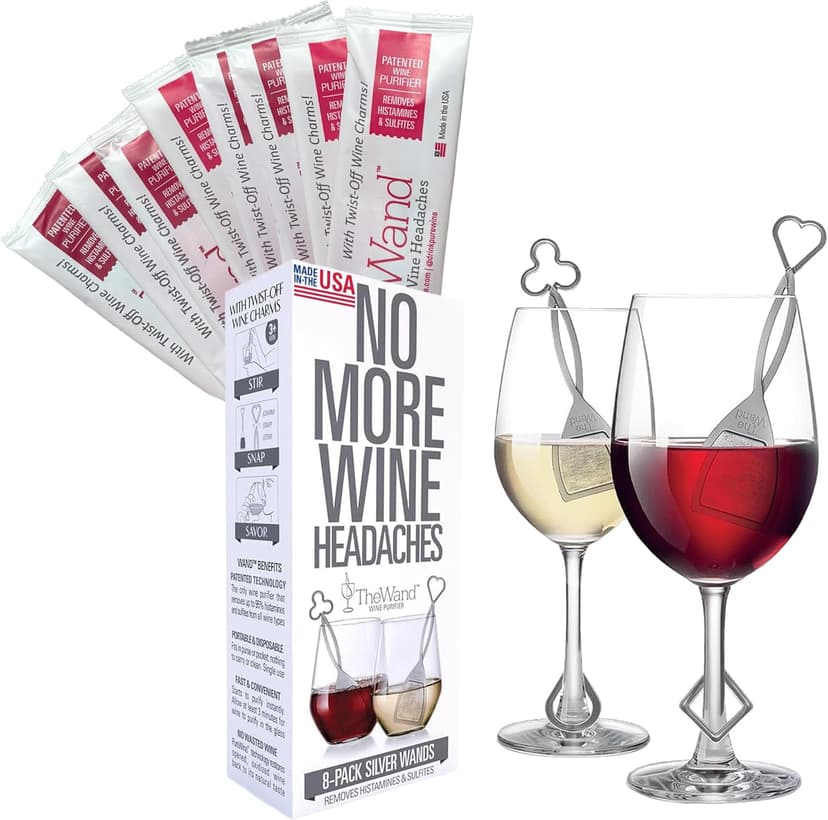 PureWine The Wand Wine Purifier - Red & White Wine Filters for Histamines & Sulfites, Sulfite Remover Sticks, Helps Allergies & Headaches, Gift Accessories for Women & Men - 8 Wands, Silver